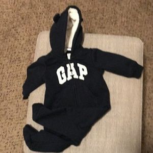 Footed Baby onesie with sherpa hood